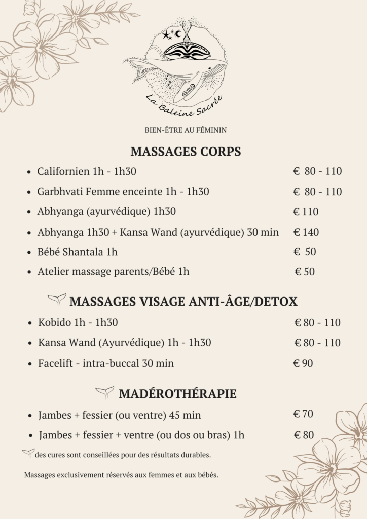 Carte des massages de la Baleine Sacrée